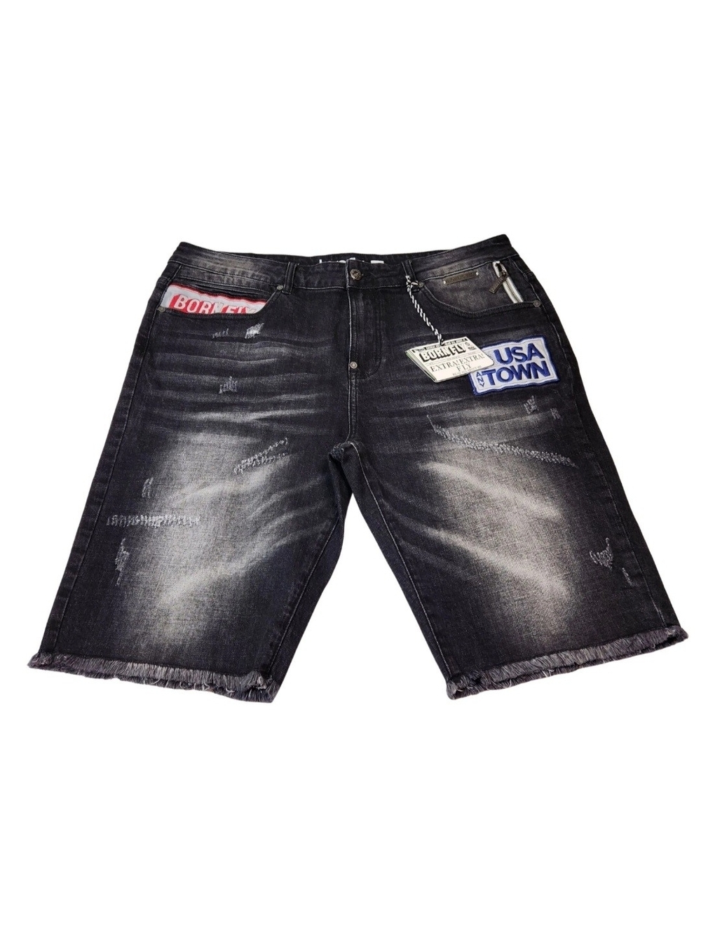 Born Fly Mens Size 36 Shorts Denim Distressed Cutout Patch Design Black Wash 04